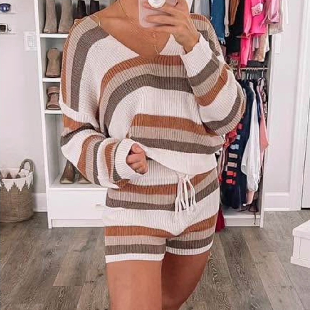 Pink Lily V-Neck Striped Sweater Set